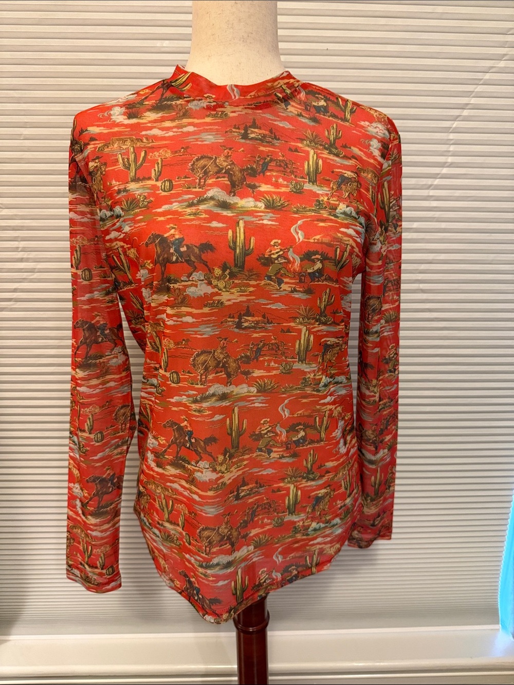 Women's Red Western Print Long-Sleeve Top